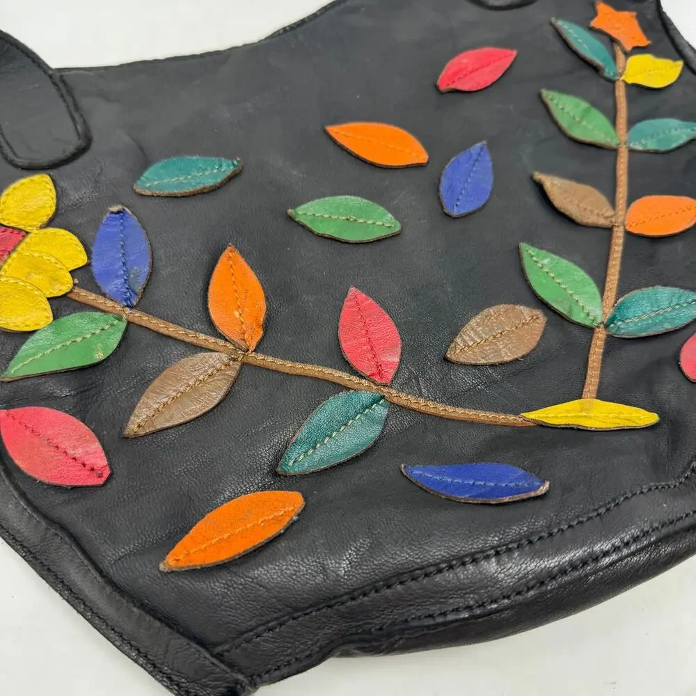 Belleza Mandova Black Leather Shoulder Bag Multicolor Leaf‎ Appliqué